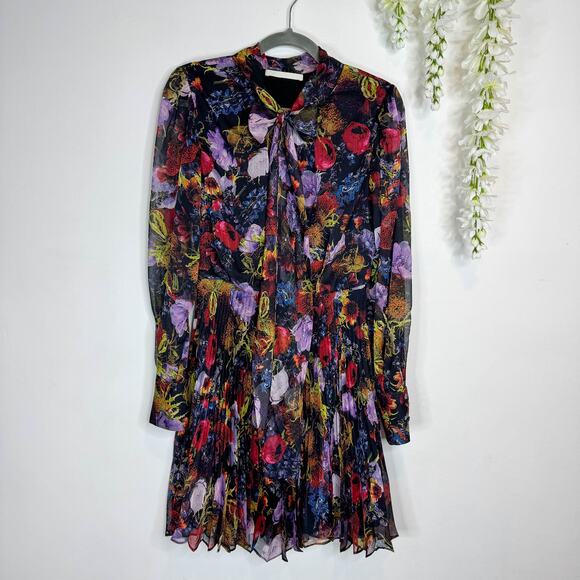 JASON WU COLLECTION Lavalier Bow floral dress pleated skirt long sheer sleeve - Picture 9 of 9